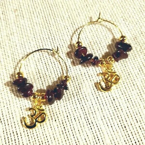 Gemstone Yoga Om Mantra Hoop Earrings 14K Gold Plated Garnet